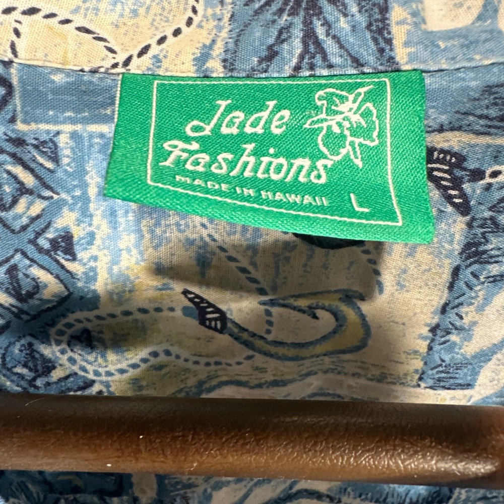 Jade Fashions Mens Hawaiian Shirt Aloha Print Blue Made in Hawaii Size L - Picture 2 of 5